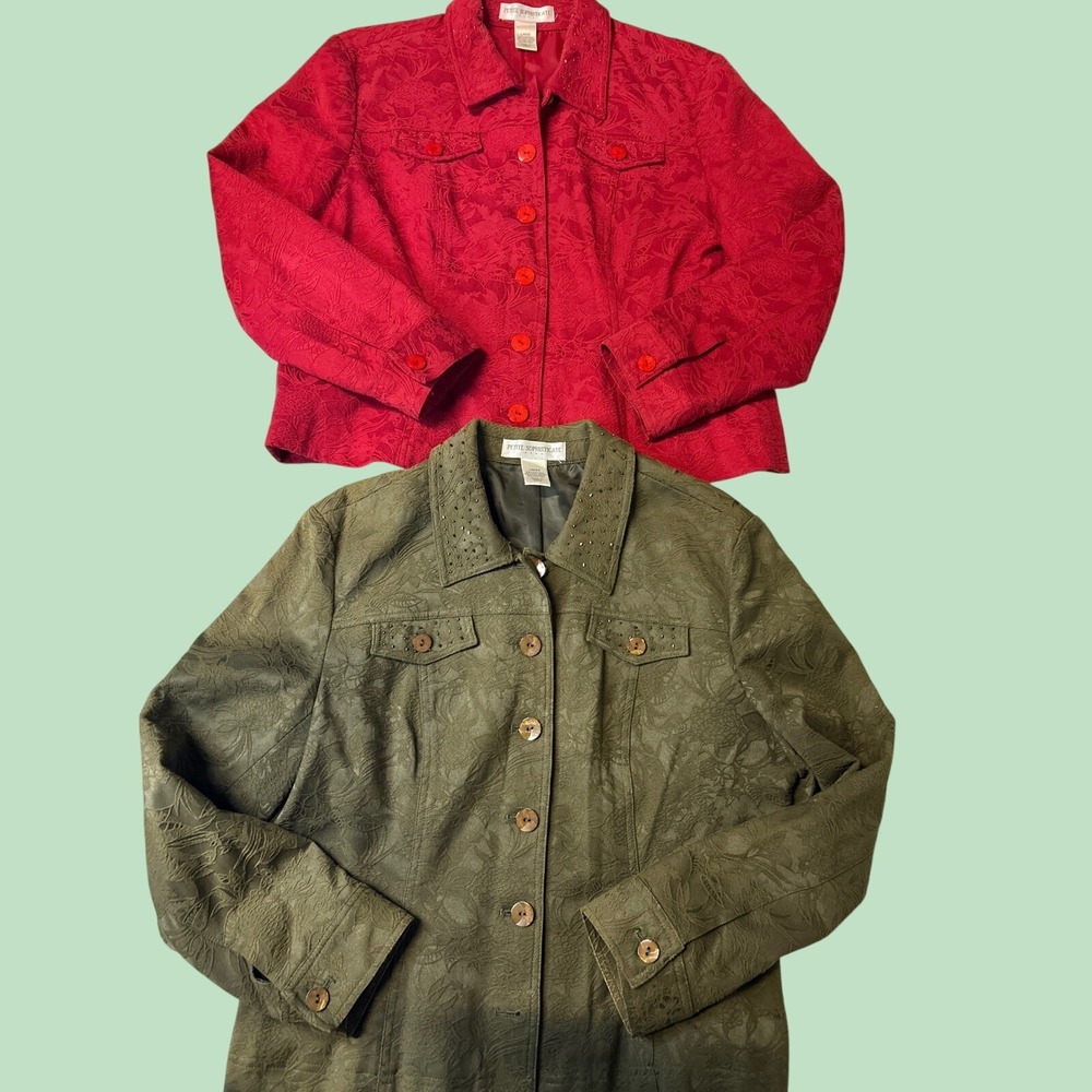 Petite Sophisticate Jacket Womens Large Red Olive Green 2pc Bundle Beaded Floral